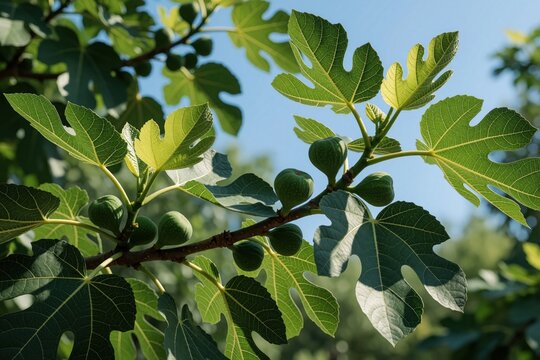 Green fig fruits grow on a branch with large lobed leaves against a bright blue sky. Young foliage and developing small figs show new growth.
