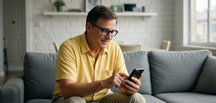 Senior man enjoying technology while relaxing on a modern couch, symbolizing active aging and digital engagement.