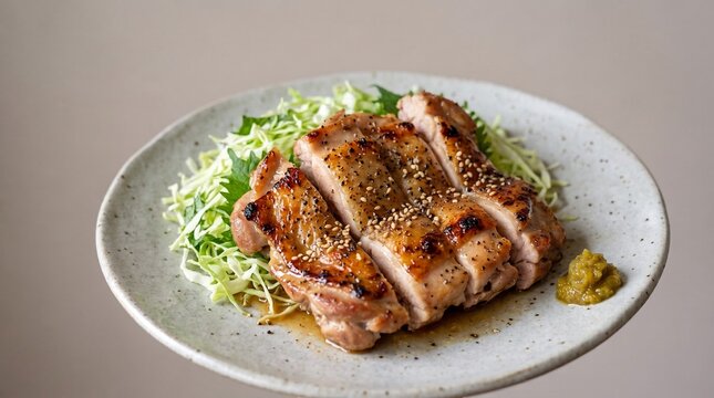 キャベツとからしを添えた香ばしい鶏肉のグリル