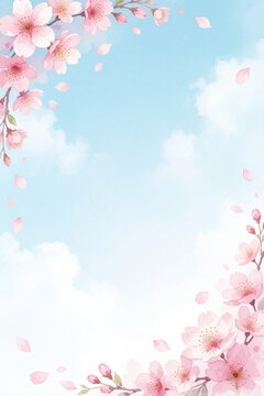 Soft pink sakura blossoms float against a bright blue sky with gentle clouds. Spring flowers adorn corners of frame, perfect for feminine templates, invitations.