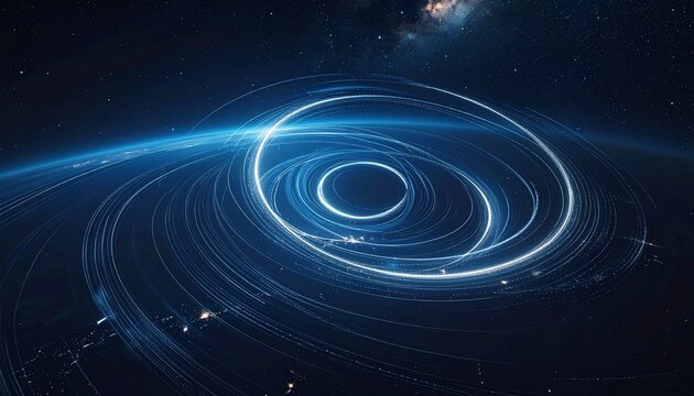 Space-time distortion visualization with cosmic particles swirling around a black hole in deep space