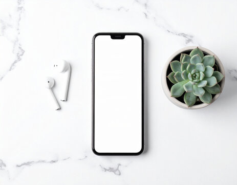 Minimalist flat lay of a smartphone with blank white screen, wireless earbuds, and a succulent on a marble surface. Clean, elegant aesthetic, no people. Perfect for digital design mockups.