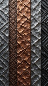 Vertical metal panels show geometric patterns in warm brown and cool grey tones. Surfaces feature hammered textures and contrasting lines, creating abstract backgrounds.