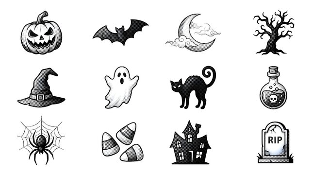 Cute halftone halloween characters and icons pack on white backdrop for web design use.
