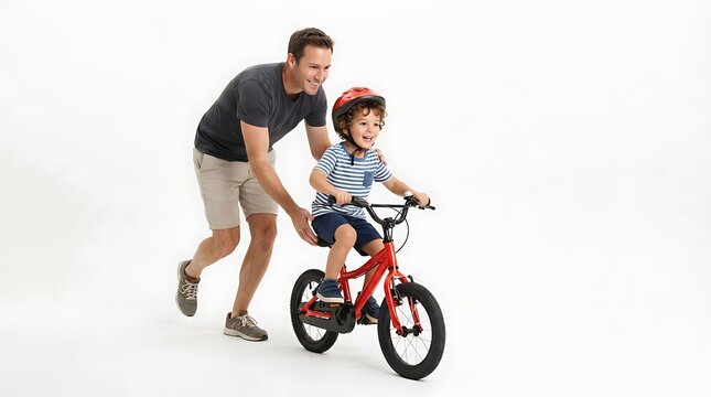 A father helps his young son learn to ride a red bicycle against a white background with wears protective helmet bicycle studio setting clean white backdrop