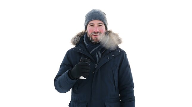 A bearded man wearing a winter coat and hat holding a drink in the cold with exhales visible breath holding cup during coat fur hood wintertime