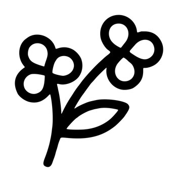 Botanical wildflower branch sprig bearing two three-petaled blooming blossoms and a central pointed leaf on an arched stem, clean vector icon isolated against a spotless white backdrop
