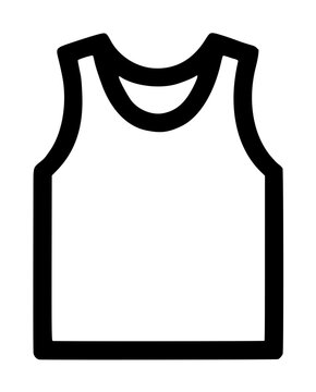 Sleeveless athletic sports jersey featuring a scooped neckline and wide cut armholes, drawn with solid black outlines as a basketball clothing vector icon over a plain white background