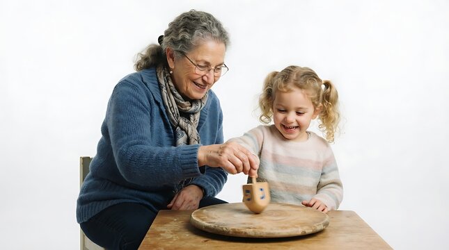 A smiling grandmother and her young granddaughter spinning a wooden top on a wooden table with granddaughter play together background bright indoor