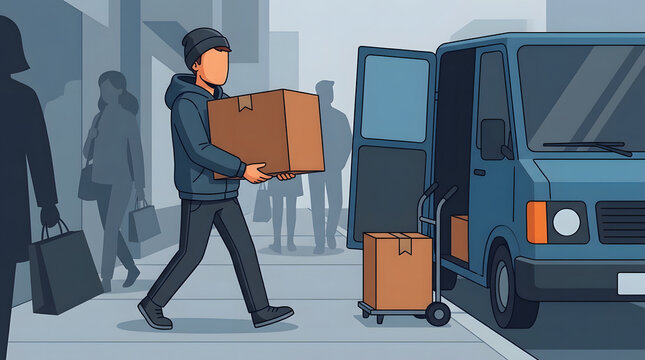 Man in hoodie stealing a cardboard parcel from a delivery van on a busy city sidewalk