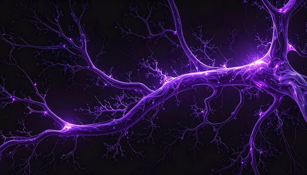 Bioluminescent neuron network visualization with purple lighting in dark background for scientific research