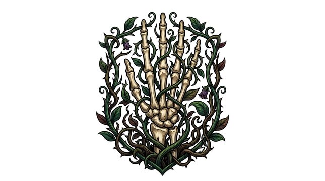 Colored skeleton hand entwined with green thorny vines graphic vector emblem on white.