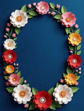 Paper flower wreath borders oval shape on blue backdrop. Multicolor blossoms leaves and buds arranged decorative nature frame for text or design.