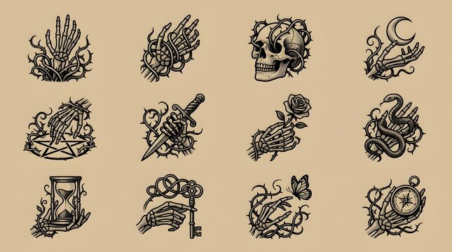 Vintage tattoo flash sheet with skeleton hands skulls daggers and hourglass motifs.