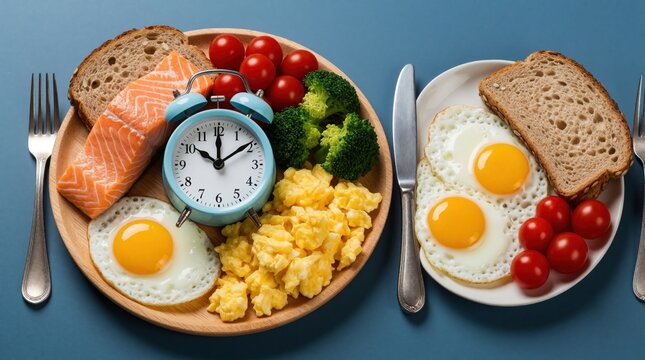 Intermittent fasting meal plan with salmon eggs broccoli bread and tomatoes. Alarm clock shows eating window for weight loss keto diet healthy food intake.