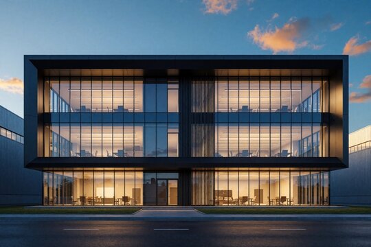 Modern office building exterior with glass facades and interior lights on at dusk. Sleek structure with clean lines stands against a cloudy sky backdrop, suggesting business operations.