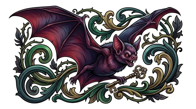 Fierce flying bat clutching skeleton key with baroque swirl pattern tattoo flash design.