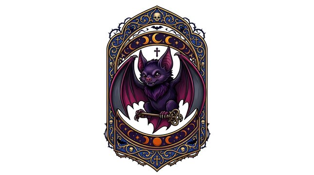 Chubby bat holding key inside ornate gothic oval frame logo for spooky halloween product.