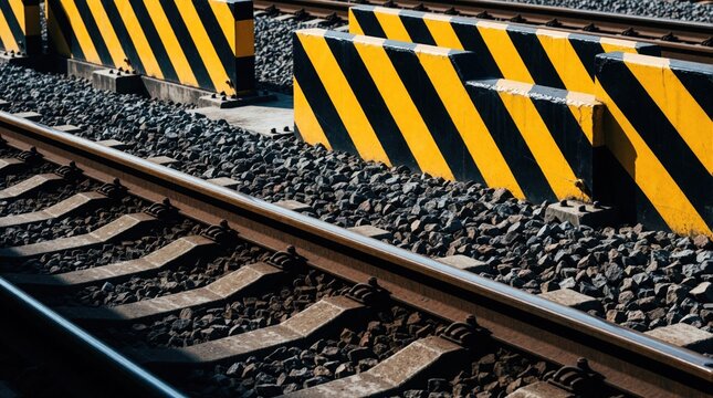 Close up view of parallel train tracks on gravel. Yellow and black striped concrete barriers line the railway. Ground level perspective shows sturdy industrial infrastructure for train transit.