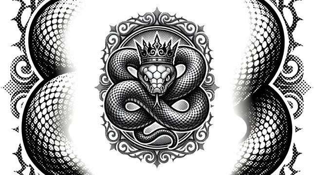 Crowned snake emblem in vintage engraved frame for heraldic crest and tattoo templates.
