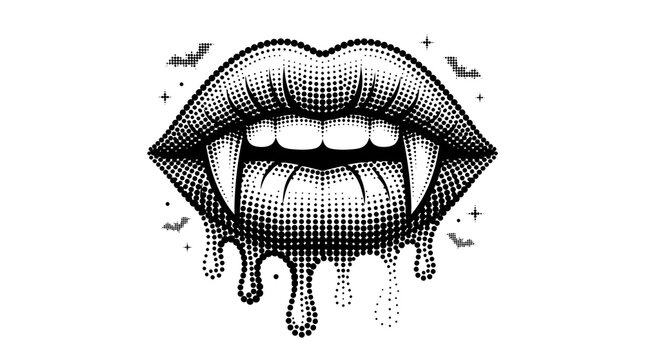 Halftone vampire lips design with dripping liquid and bat icons in pop art gothic style.