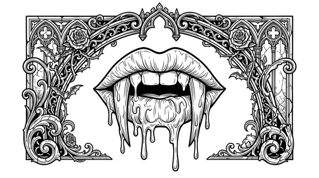 Vampire lips with dripping fangs is framed in highly detailed gothic archway illustration.