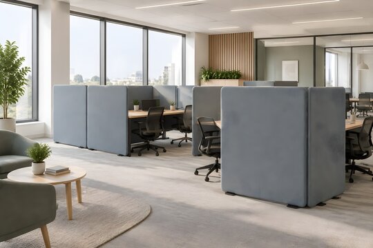 Office divider with acoustic fabric panels inside a contemporary workspace layout and soft natural light
