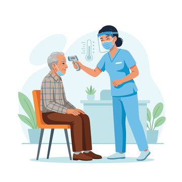 Nurse taking temperature of senior patient with non-contact thermometer, healthcare screening and COVID-19 prevention concept