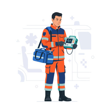 Paramedic in Uniform Holding Medical Device with Ambulance Background, Flat Design Illustration