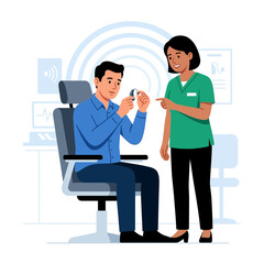 Obraz premium Audiologist fitting hearing aid to patient, medical consultation, audiology clinic scene, sound waves illustration
