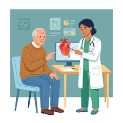 Obraz premium Doctor explaining heart health to elderly patient with anatomical model and medical charts in modern clinic setting.