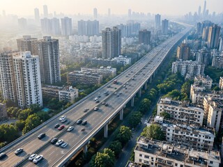 Fototapeta premium Elevated freeway filled with anonymous cars among dense city blocks in morning haze