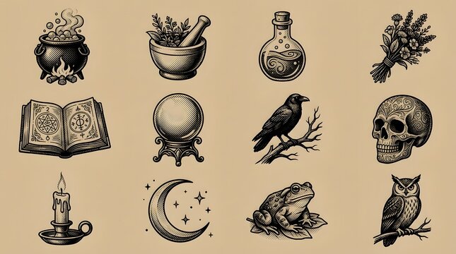 Witchcraft apothecary icons including cauldrons crystal balls and mystical animal spirits.