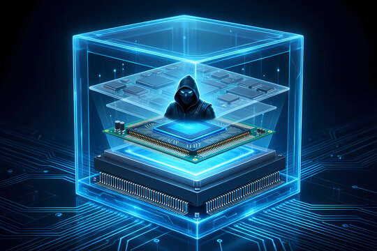 A hooded hacker figure is superimposed over a glowing processor in a futuristic cube.