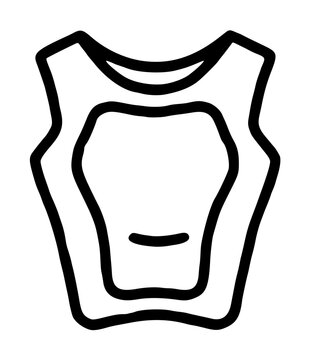 Protective athletic chest protector vest featuring wide sleeveless armholes, a scooped neck collar, and a contoured central shield pad, sports gear vector icon on a plain white background