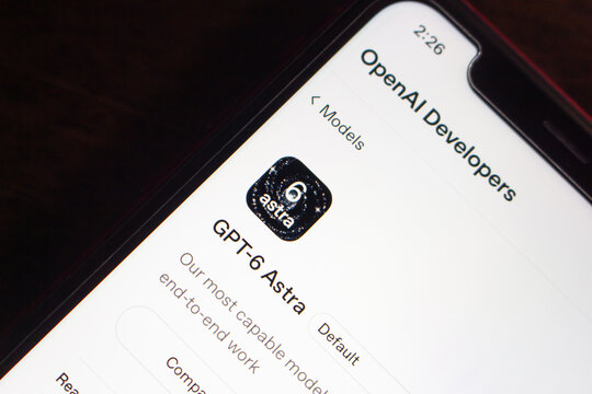 Quetzaltenango, GUATEMALA - Sep 9 2026 :Smartphone showing the GPT-6 Astra model page on the OpenAI Developers site, with the model icon and default label visible.