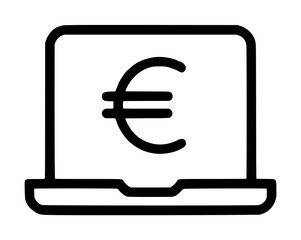Open portable laptop computer displaying a large European euro currency symbol with dual crossbars across the screen, minimalist vector icon centered neatly upon a plain white background © Jane