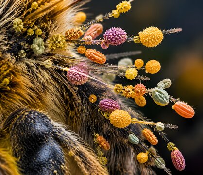 Pollinator hairs carrying differently shaped pollen grains from several neighboring flower species under scientific microscopy