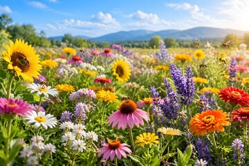 Fototapeta premium Mixed color flower field with bees traveling repeatedly between neighboring varieties
