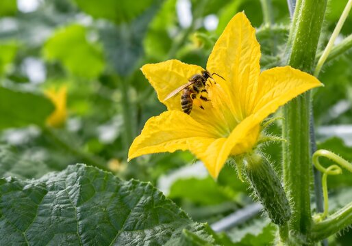 Cucumber flower stigma covered with newly delivered pollen grains during insect cross pollination on a vine