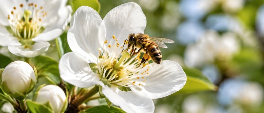 Pear flower receiving transferred pollen as a bee brushes across the central stigma