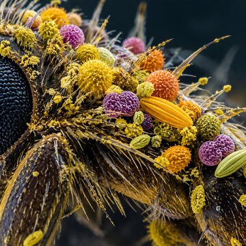 Mixed pollen grains from different flower varieties resting on an insect natural body hairs