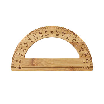 Realistic wooden protractor showing detailed measurement markings for geometry school work on transparent background
