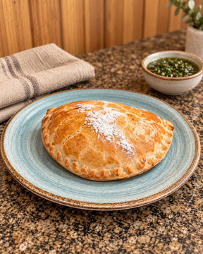 Baked Meat Empanada on an Artisanal Blue Ceramic Plate in a Modern Cafe