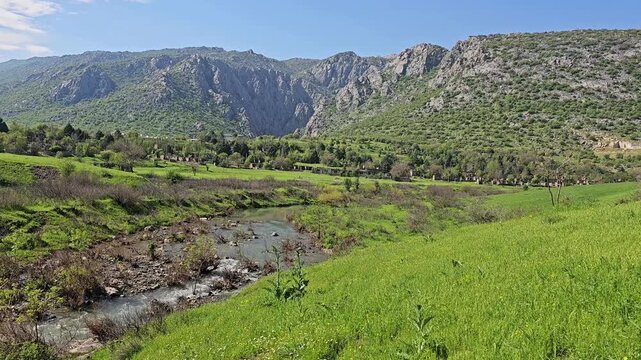 Majestic rocky peaks rise above a tranquil spring valley, where a winding stream flows through vivid green fields under a wide open sky.
📍 Marivan, Kurdistan, Iran 