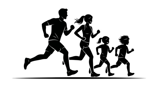 Happy family running together silhouette vector illustration