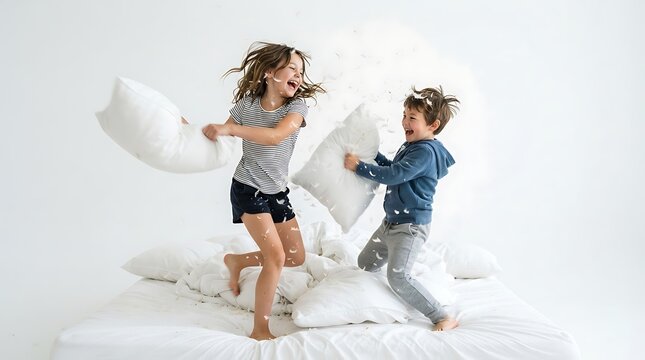 Two happy children having a fun pillow fight while jumping on a bed in room with siblings having playful flying feathers filling filling air around