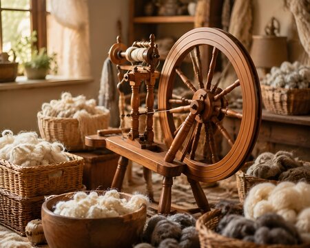 Spinning wheel surrounded by natural wool fibers in a warm rustic hobby room
