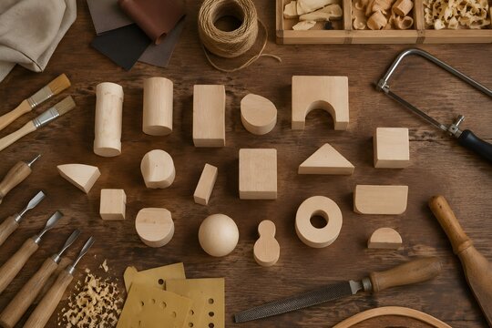 Wooden toy pieces without characters or markings arranged beside crafting tools on a workshop bench