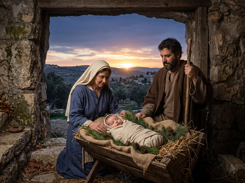 Traditional Nativity Scene with Mary, Joseph and baby Jesus in a manger inside a stone stable at sunrise representing the Christmas story and birth of Christ.
